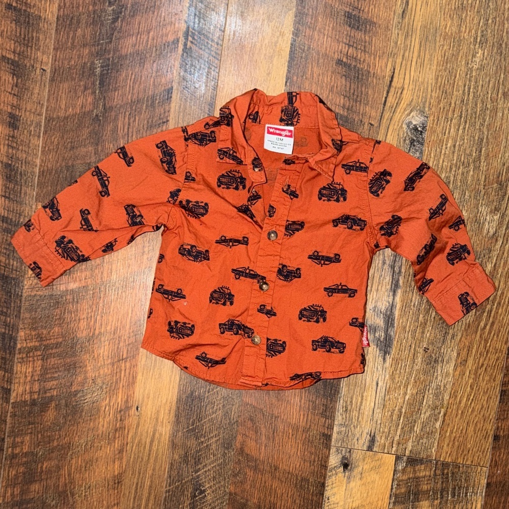 Wrangler Orange Kids Button Down Shirt with Vehicle Print country tractor